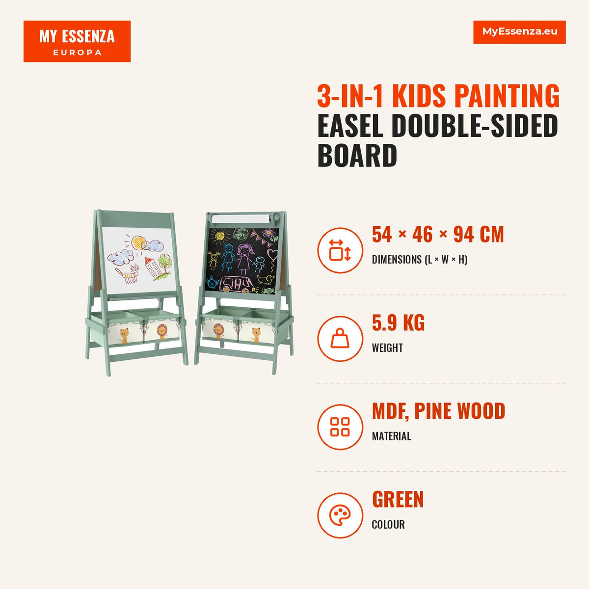 Cavalete de Pintura para Crianças 3 em 1 Quadro Infantil de Dupla Face para Crianças acima de 3 Anos com Rolo de Papel e Cestos de Arrumação 54x46x94  — Infografia | Infographic — dimensions