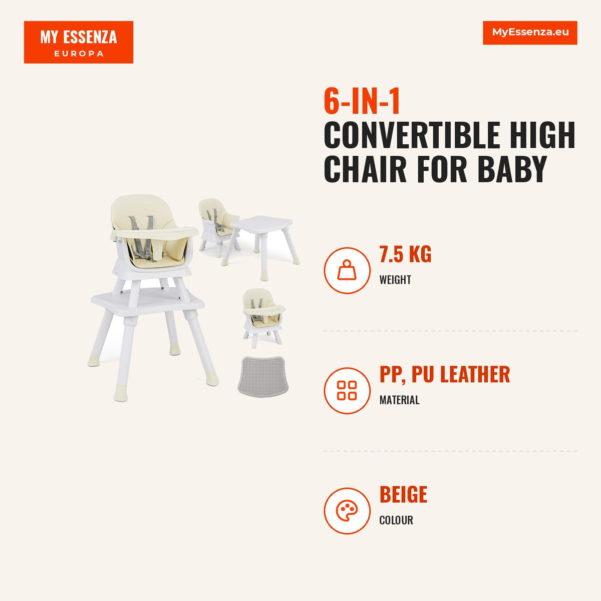 Cadeira Alta Convertível 6 em 1 para Bebé com Bandeja e Almofada 58 x 58 x 98 cm — Infografia | Infographic — dimensions