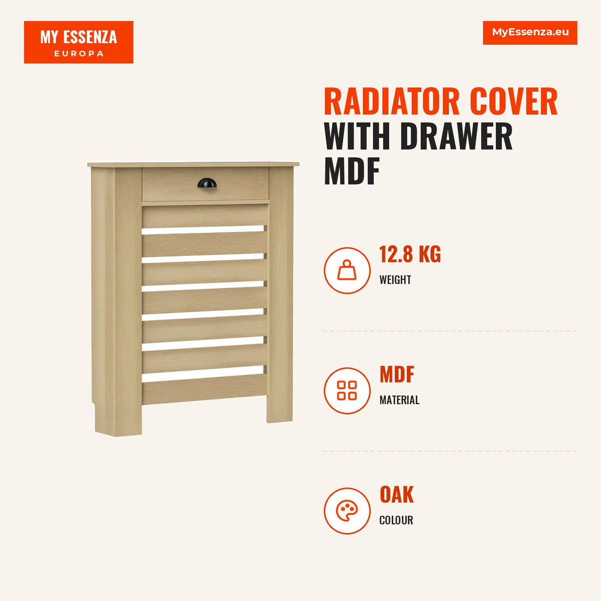 Cobertura para Radiador com Gaveta Cobertura para Radiador de MDF para Sala de Estar Dormitório Corredor 78x19x95,5 cm Carvalho — Infografia | Infographic — dimensions