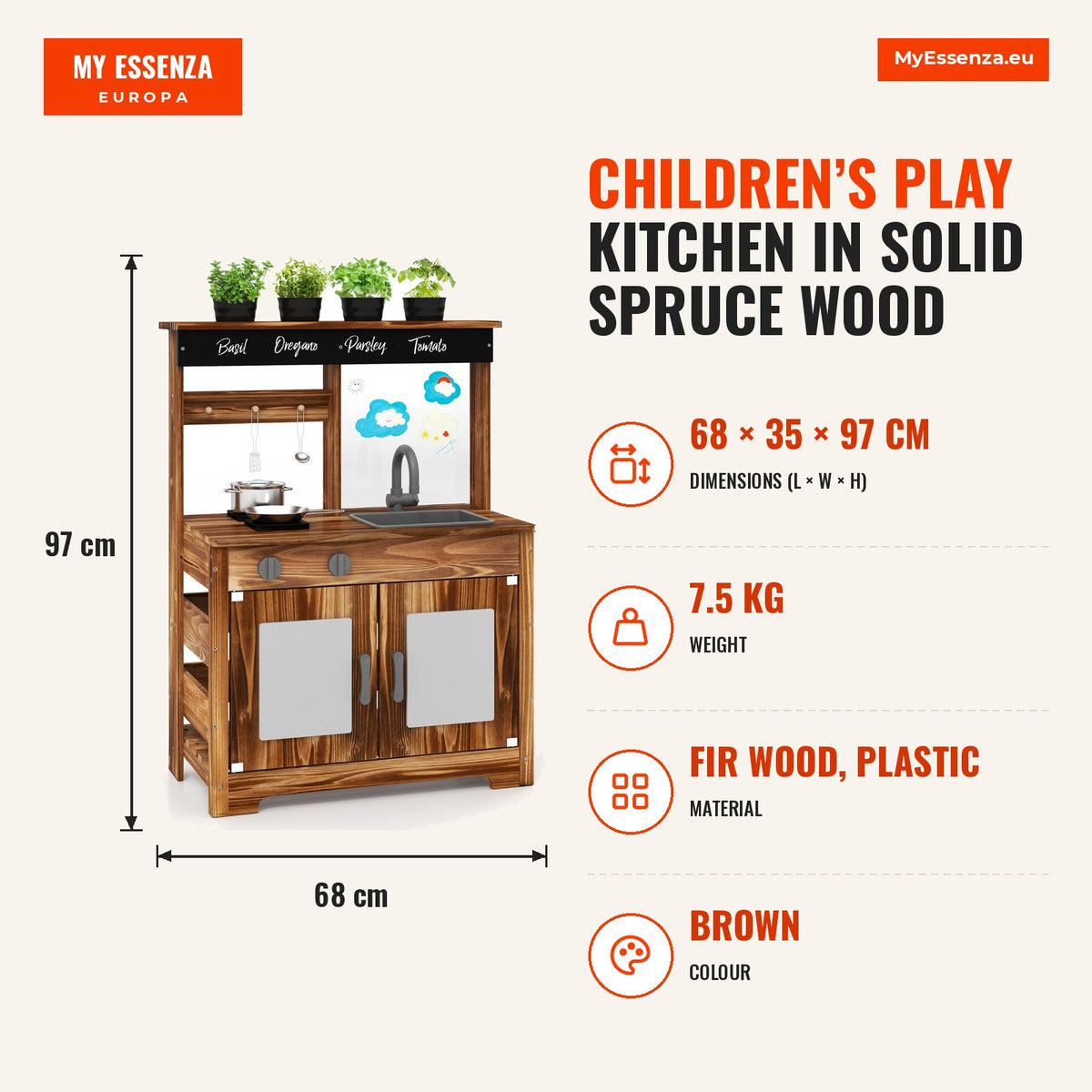 Cozinha Infantil de Madeira de Abeto com 4 Acessórios para Cozinhar e Pizarra Acrílica — Infografia | Infographic — dimensions