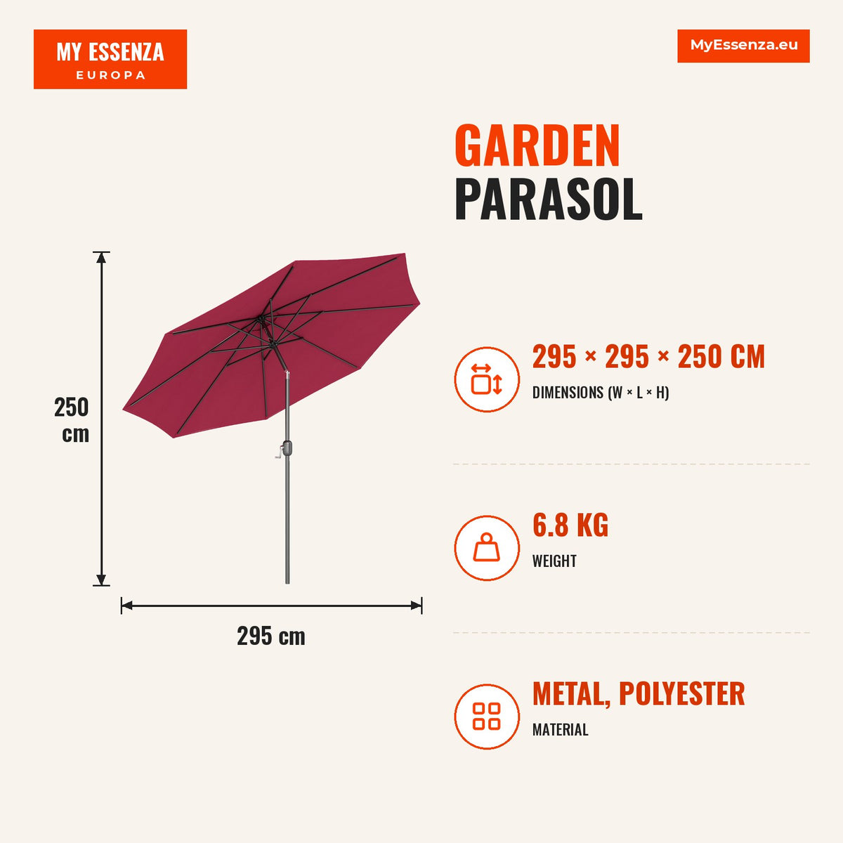 Chapéu de Sol de Jardim Ø295x250cm com Manivela Chapéu de Sol Exterior com Mecanismo de Inclinação e Mastro Desmontável de Metal para Terraço Piscina  — Infografia | Infographic — dimensions