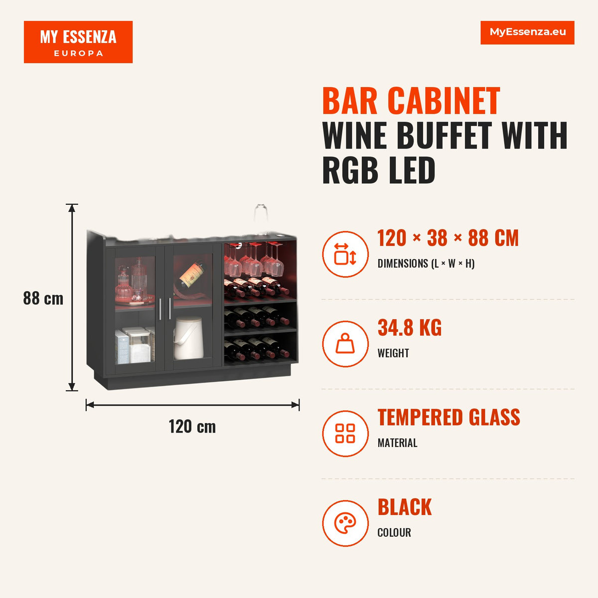 Móvel de Bar Armário Buffet para Vinhos com Luzes LED RGB, Porta-Garrafas para 12 Garrafas, Aparador de Cozinha com Prateleira Ajustável e Portas com  — Infografia | Infographic — dimensions