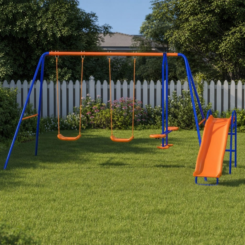 Baloiço Infantil 4 em 1 Baloiço para Crianças com 2 Baloiços Individuais 1 Baloiço Planador 1 Escorrega Corda Ajustável e Anti UV para Exterior 367x192x180 cm Multicor — Ambiente | Lifestyle