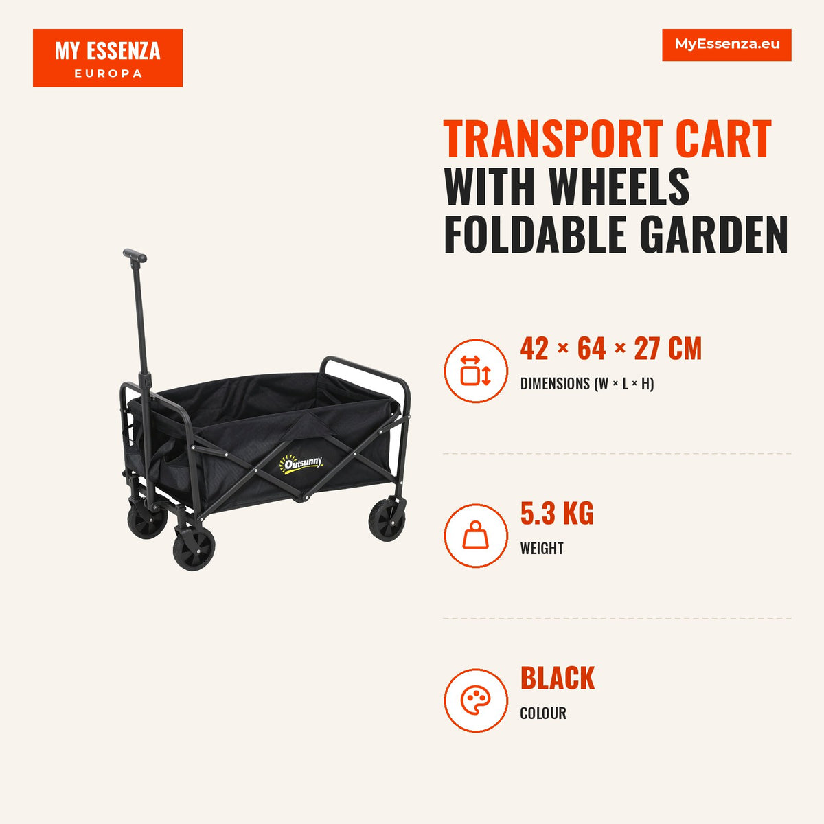 Carrinho de Transporte com Rodas Carrinho de Jardim Dobrável com Pega Telescópica Ajustável 2 Bolsas de Arrumação Carrinho de Praia Jardim Campismo Ca — Infografia | Infographic — dimensions