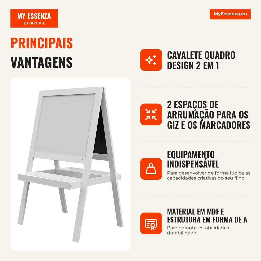 Cavalete quadro infantil 2 em 1 face quadro branco magnético e face quadro-negro a giz branco — infografia 1