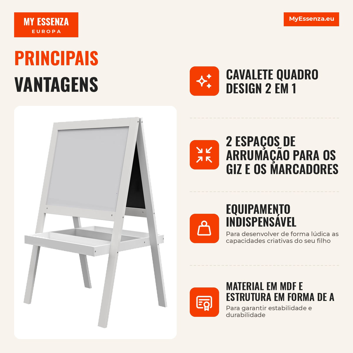 Cavalete quadro infantil 2 em 1 face quadro branco magnético e face quadro-negro a giz branco — infografia 1