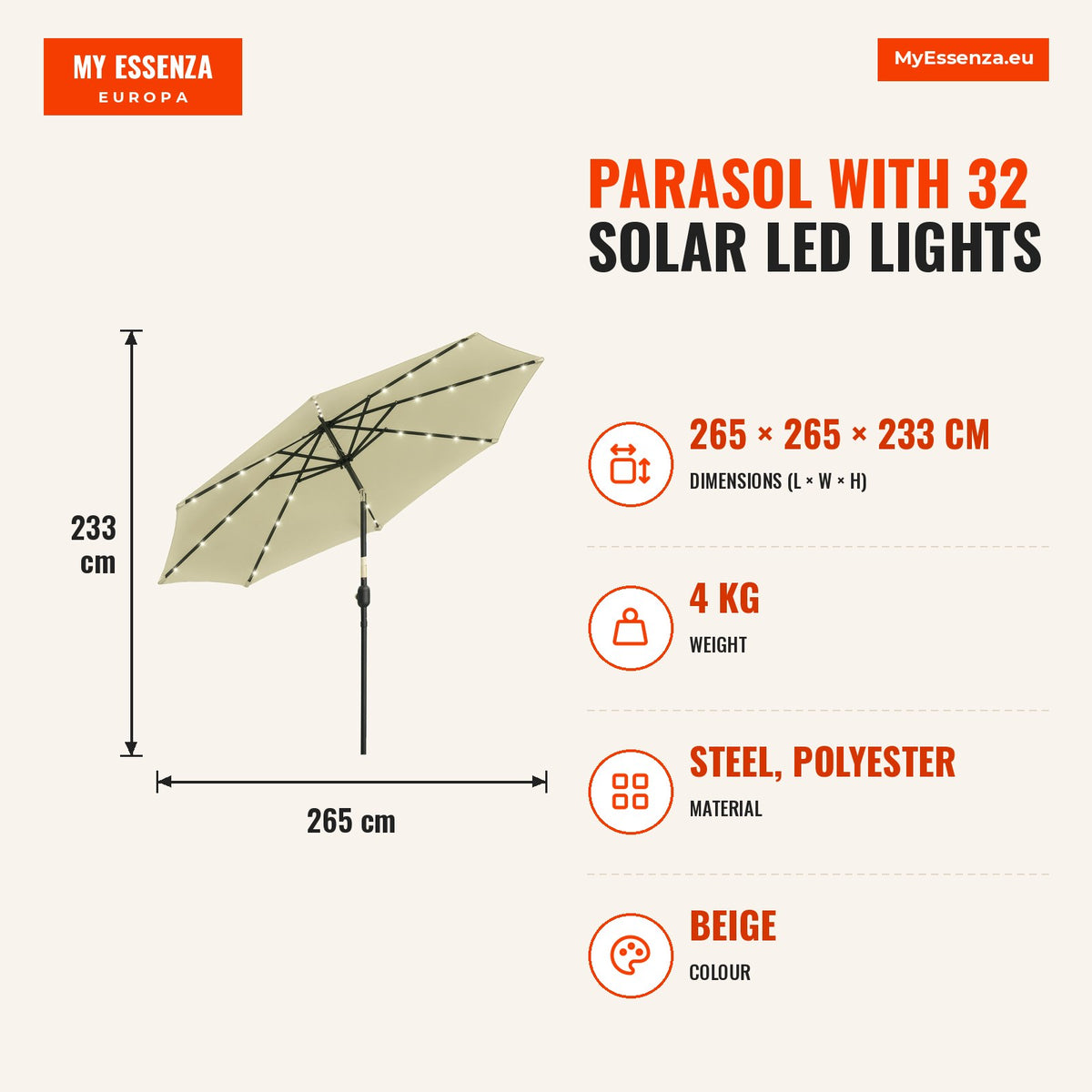 Chapéu de Sol com 32 Luzes LED Solares Ø265x233cm Chapéu de Sol Inclinável com Manivela e Mastro de Aço para Terraço Pátio Exterior Bege — Infografia | Infographic — dimensions