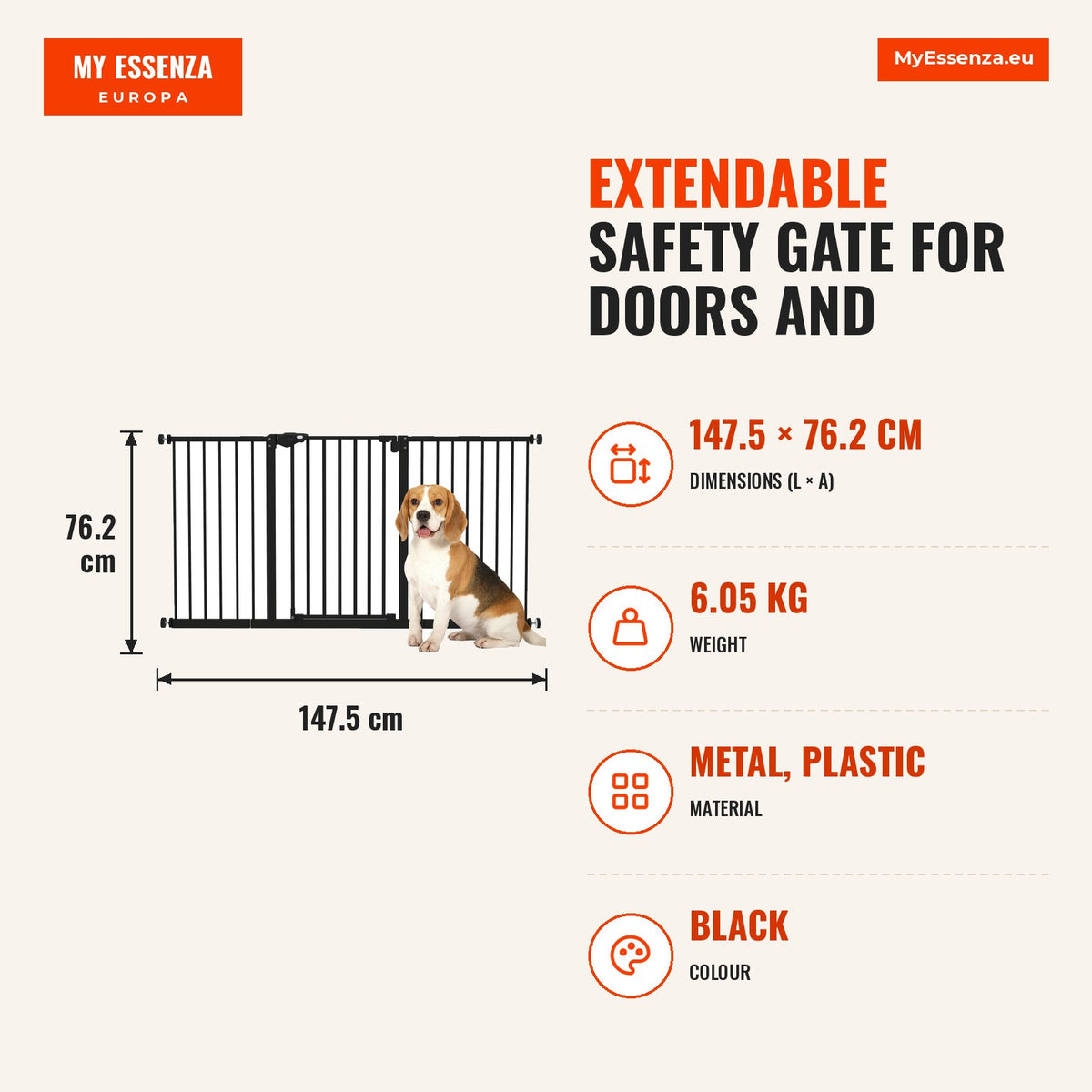 Barreira de Segurança Extensível para Portas e Escadas Barreira de Segurança Cães com Fechamento Automático e Sistema de Duplo Bloqueio Metal 74-147,5 — Infografia | Infographic — dimensions