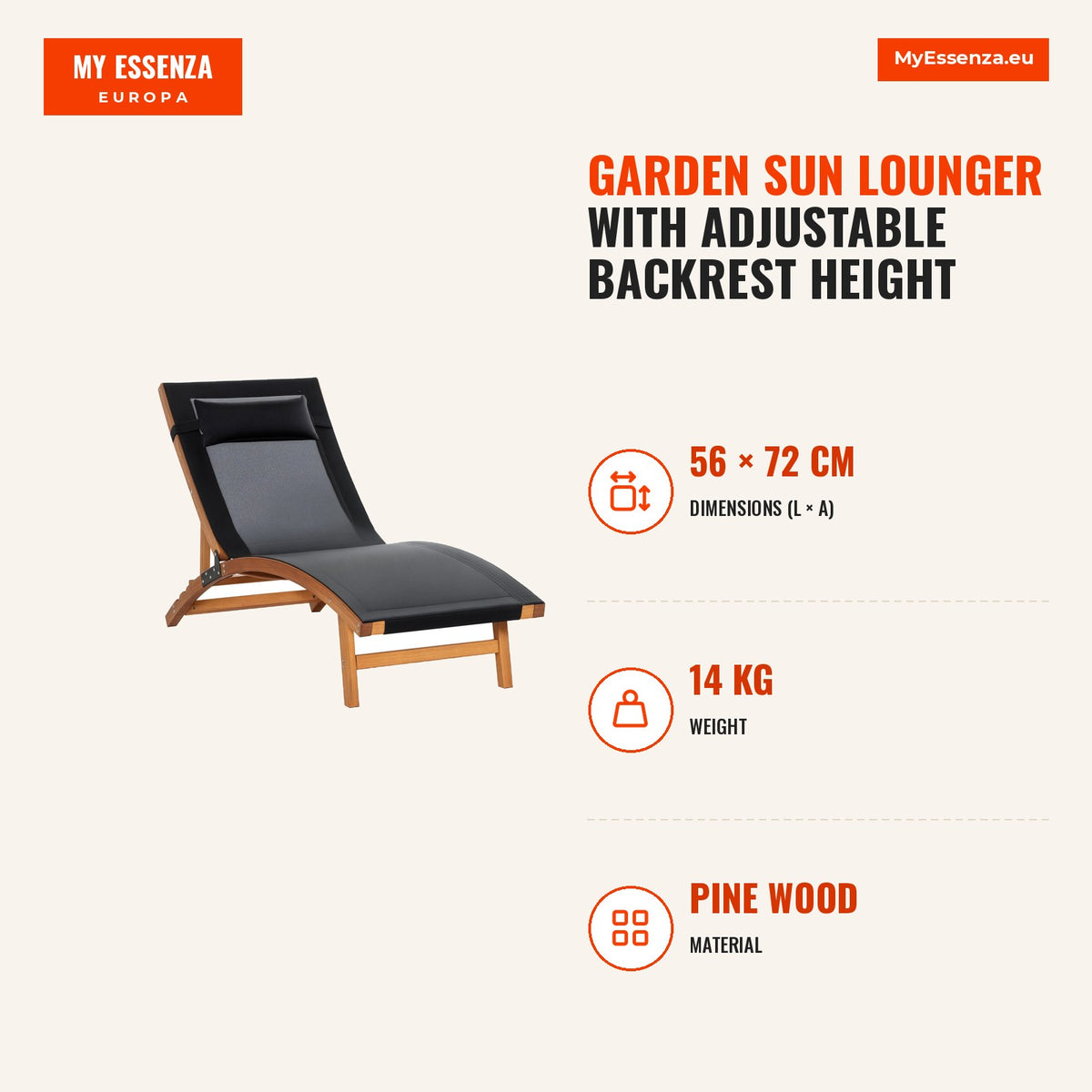 Espreguiçadeira de Jardim com Altura do Encosto Ajustável Apoio para a Cabeça Removível e Estrutura de Madeira Ergonómica para Terraço Praia Exterior  — Infografia | Infographic — dimensions