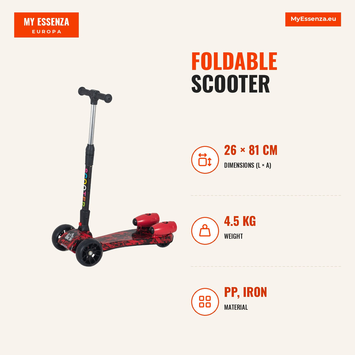 trotinete dobrável com altura ajustável em 4 níveis com luzes musicais Nevoeiro de água para crianças acima de 3 anos 61x26x63-81 cm Vermelho — Infografia | Infographic — dimensions