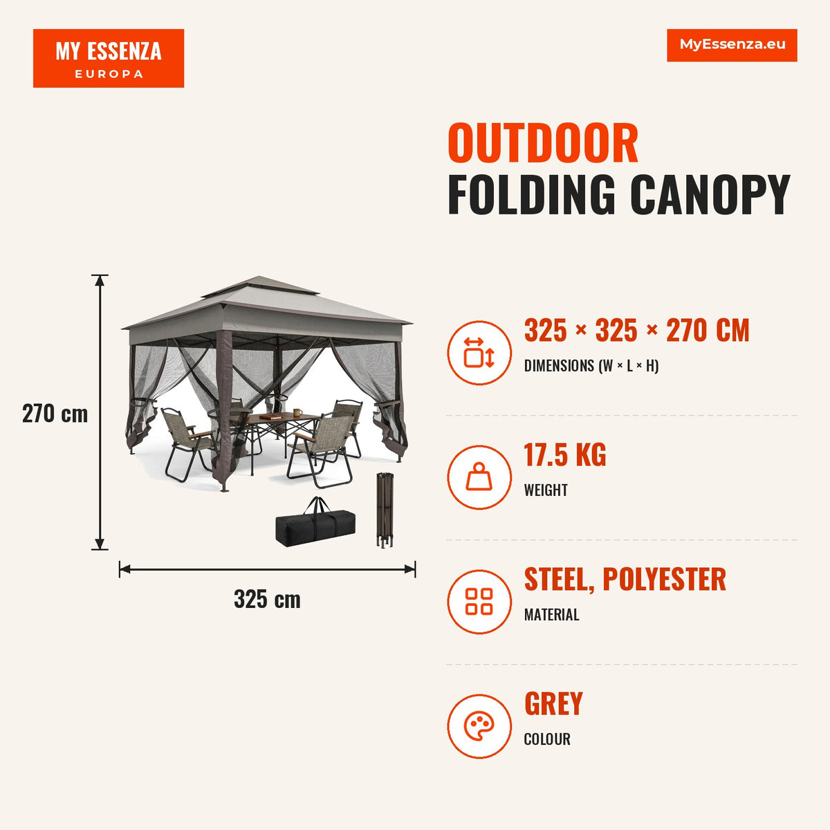 Tenda Dobrável Exterior 325x325x270 cm Tenda de Jardim com Teto Duplo Rede Mosquiteira Amovível e Bolsa de Transporte para Jardim Pátio Cinza — Infografia | Infographic — dimensions