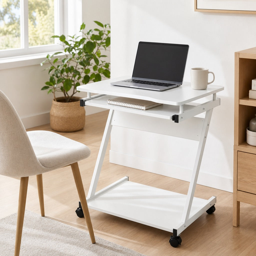 Secretária de Computador com Rodas, 60x48 cm, Escrivaninha Moderna com Prateleira Deslizante para Teclado e Prateleira Inferior, Estrutura Metálica em Forma de Z, para Escritório, — Ambiente | Lifestyle