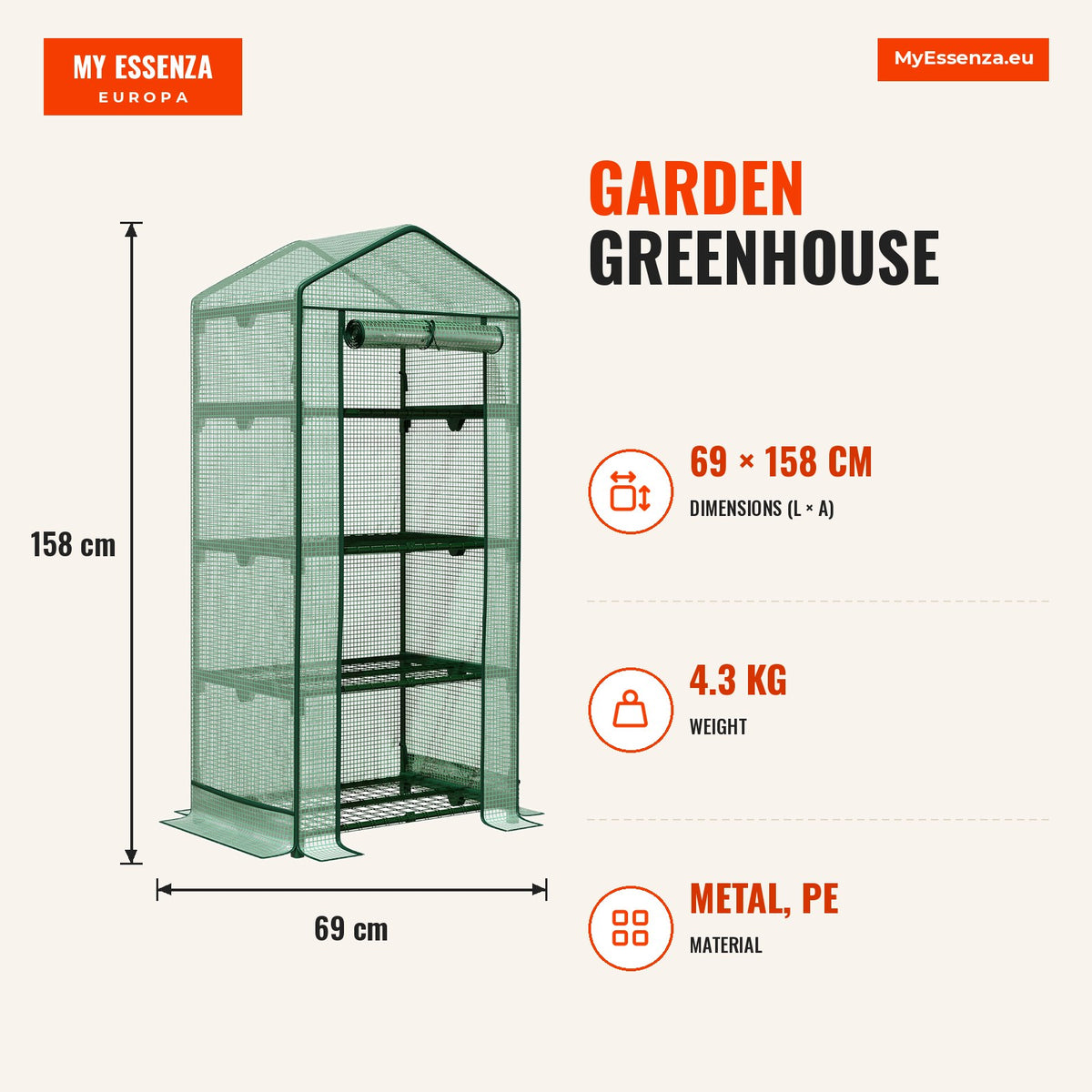Estufa de Jardim com 4 Prateleiras de Grade e Porta Enroláveis Estufa para Vasos de Plantas Flores Jardim Exterior 69x49x158cm Verde — Infografia | Infographic — dimensions