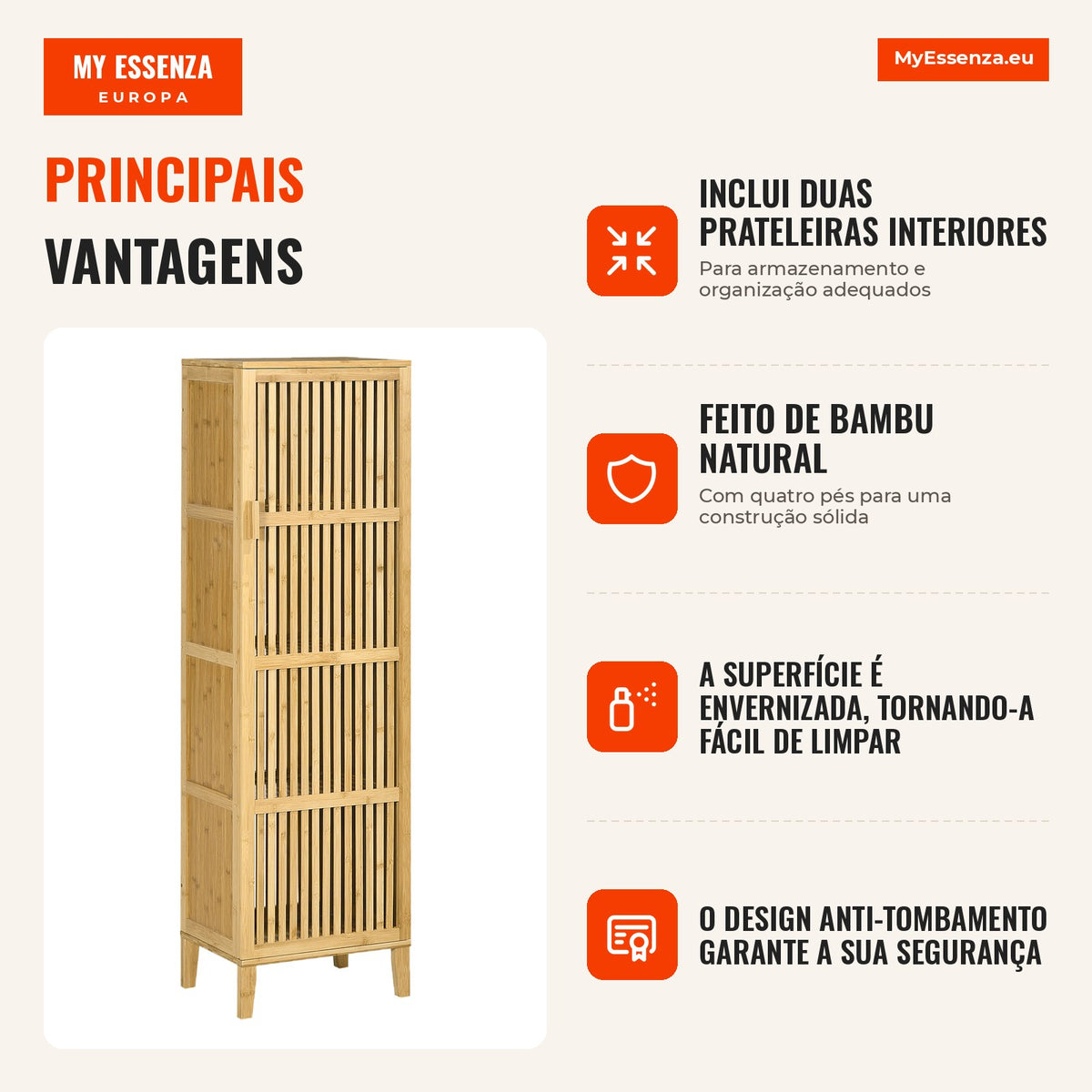 Móvel de Armazenamento em Bambu com Prateleiras e Porta estilo de Ripas para Banheiro Quarto Sala 40x30x140 cm — infografia 1
