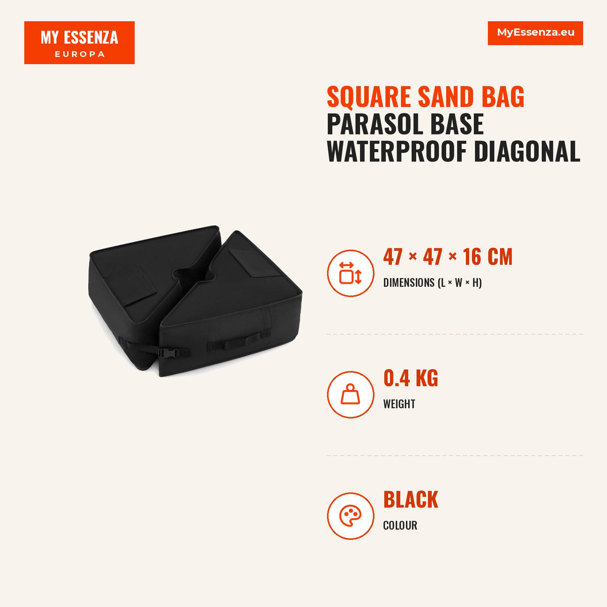 Bolsa Areia Quadrada Base Guarda-Sol Impermeável Abertura Diagonal Fivelas Alça Dobrável Desmontável — Infografia | Infographic — dimensions
