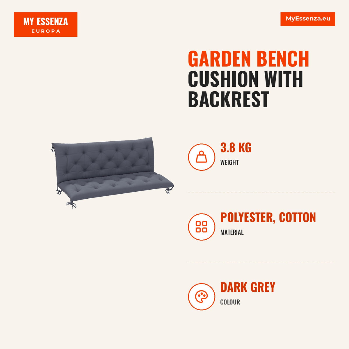 Almofadão para Banco de Jardim com Encosto, 150x98x8 cm, Almofada de Banco de 3 Lugares para Interior e Exterior com Enchimento Espesso e Fitas de Fix — Infografia | Infographic — dimensions