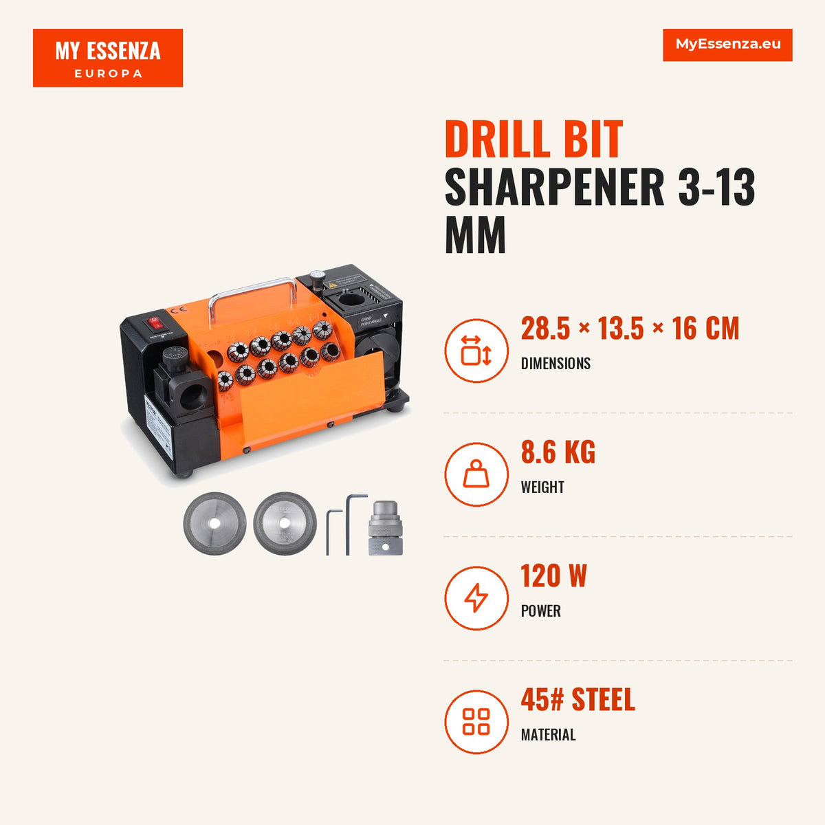 Afiador brocas 3-13 mm, rebarbadora 11 coletes — Infografia | Infographic — dimensions