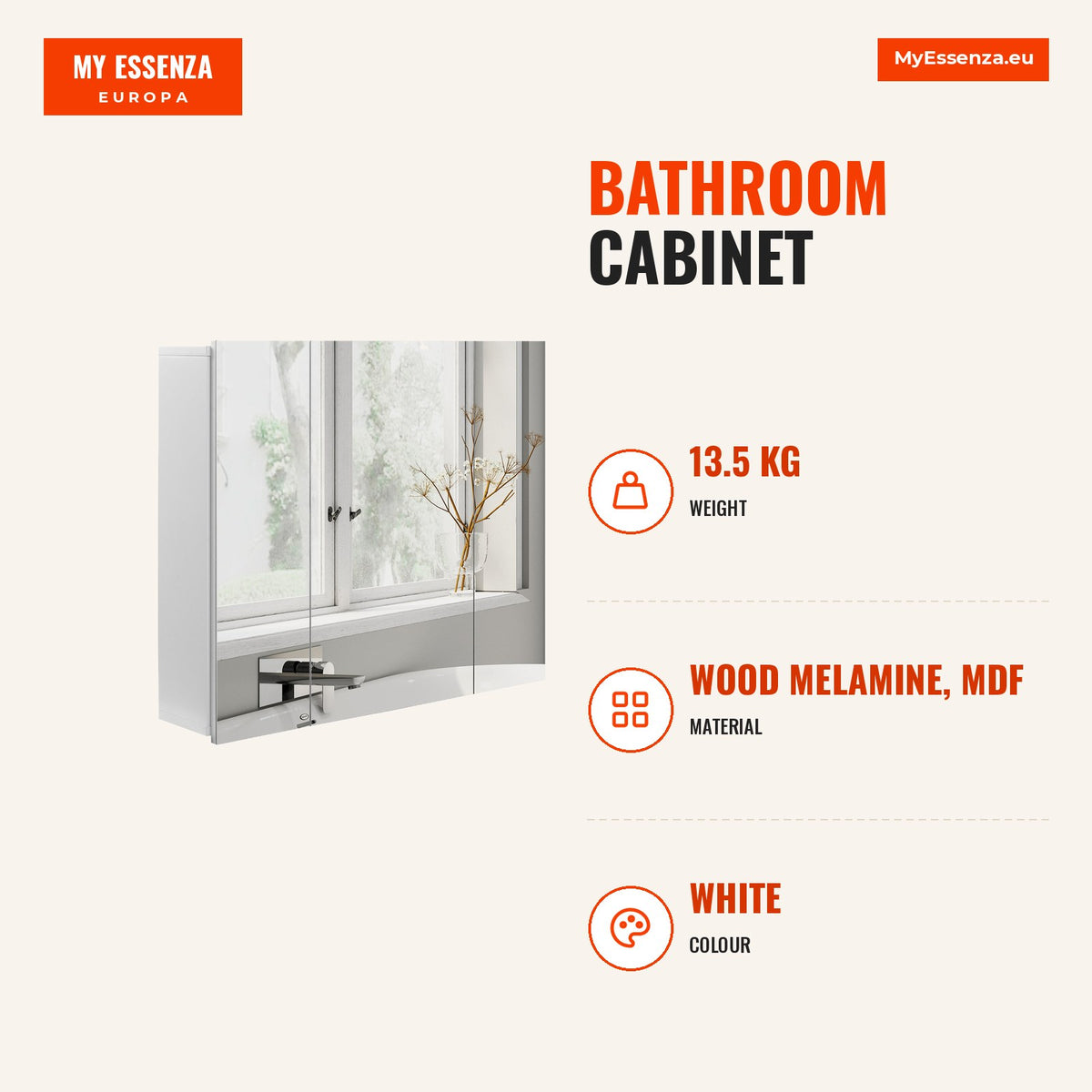 Armário de Casa de Banho com 3 Portas com Espelho Armário de Parede para Casa de Banho com Prateleiras Internas Ajustáveis 70x15x60 cm Branco — Infografia | Infographic — dimensions