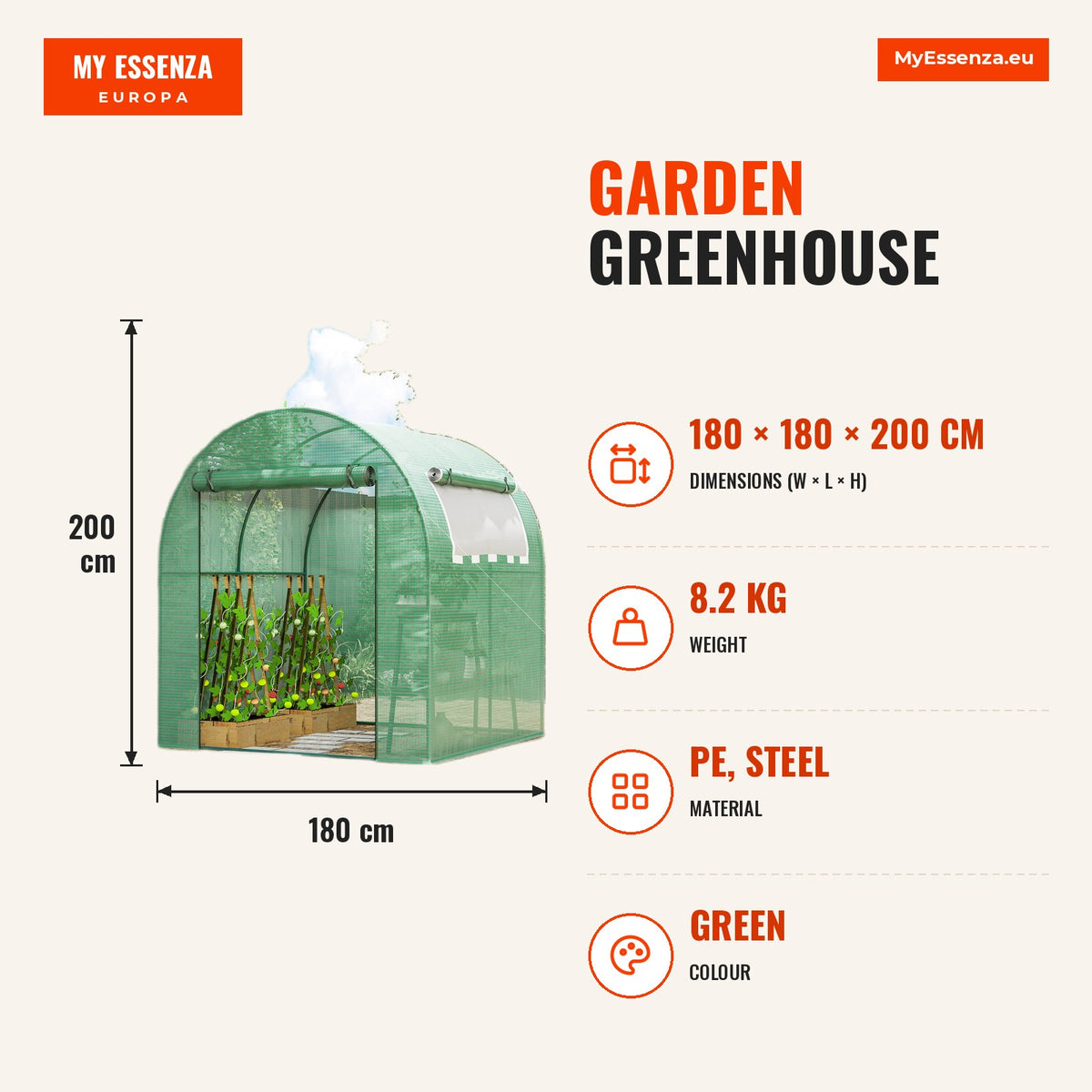 Estufa de Jardim 180x180x200 cm Estufa Tipo Túnel Pequena com Porta Enrolável e Janela de Malha para Cultivar Plantas Flores Verde — Infografia | Infographic — dimensions