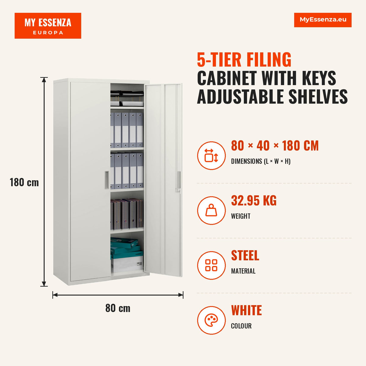 Armário para Arquivos de 5 Níveis com Chaves Prateleiras Ajustáveis Armário de Arquivos Metálico para Escritório Estudio Sala de Estar 80x40x180 cm Br — Infografia | Infographic — dimensions