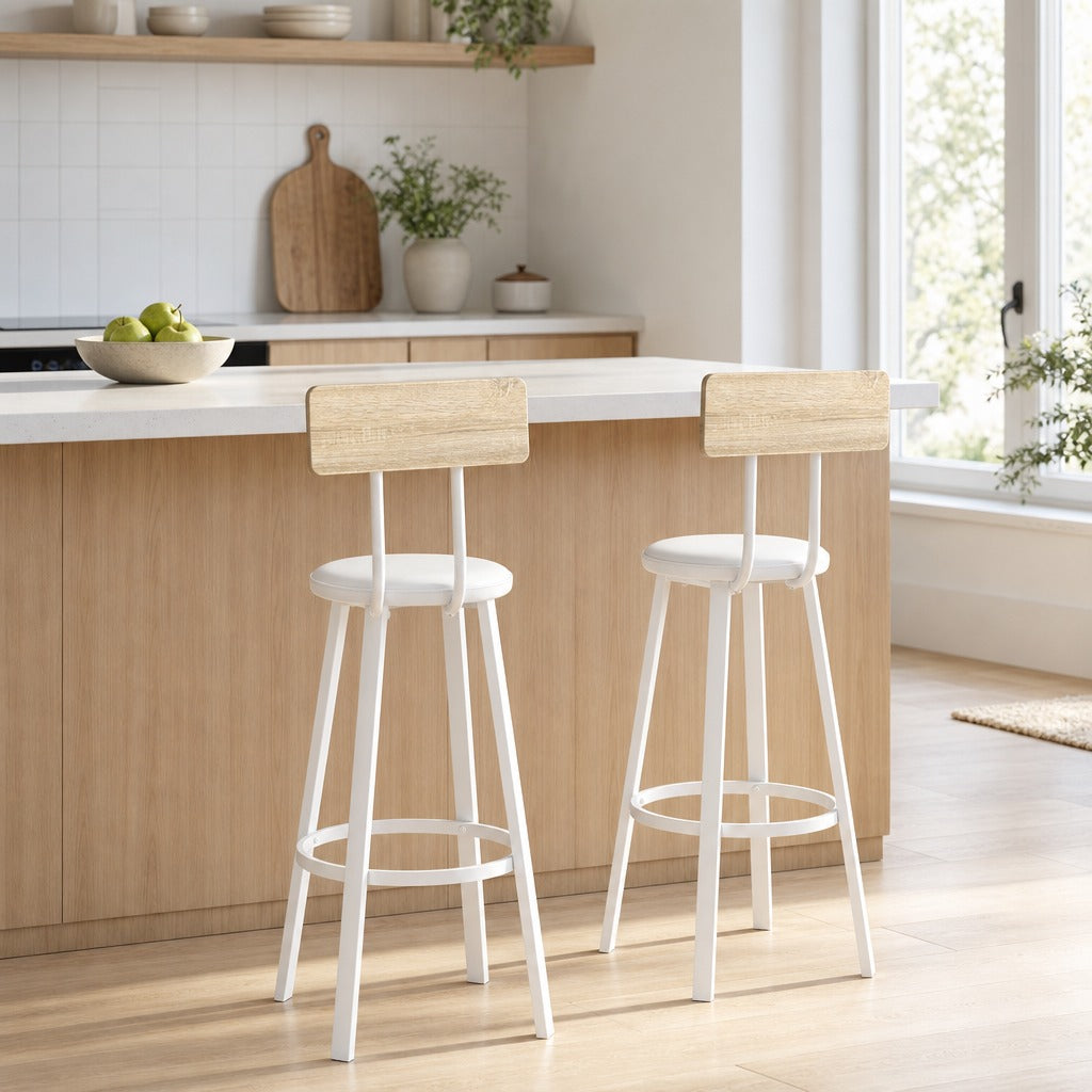 Conjunto de 2 Bancos de Bar Bancos Altos de Cozinha com Encosto e Apoio para Pés Estofados em PU Assento com 75,5 cm de Altura Fácil Montagem Estilo Industrial 41,5x36,5x99,5 cm — Ambiente | Lifestyle