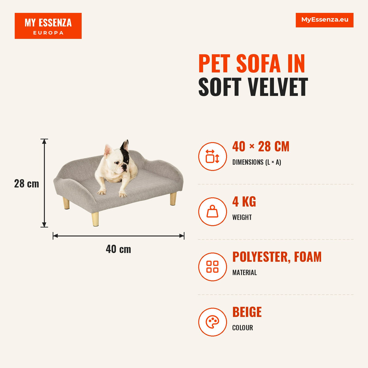 Sofá para Animais de Estimação em Veludo Suave Sofá Cama para Cães Gatos Médios e Pequenos Acolchoado Grosso Pés de Madeira 70x40x28cm Bege — Infografia | Infographic — dimensions