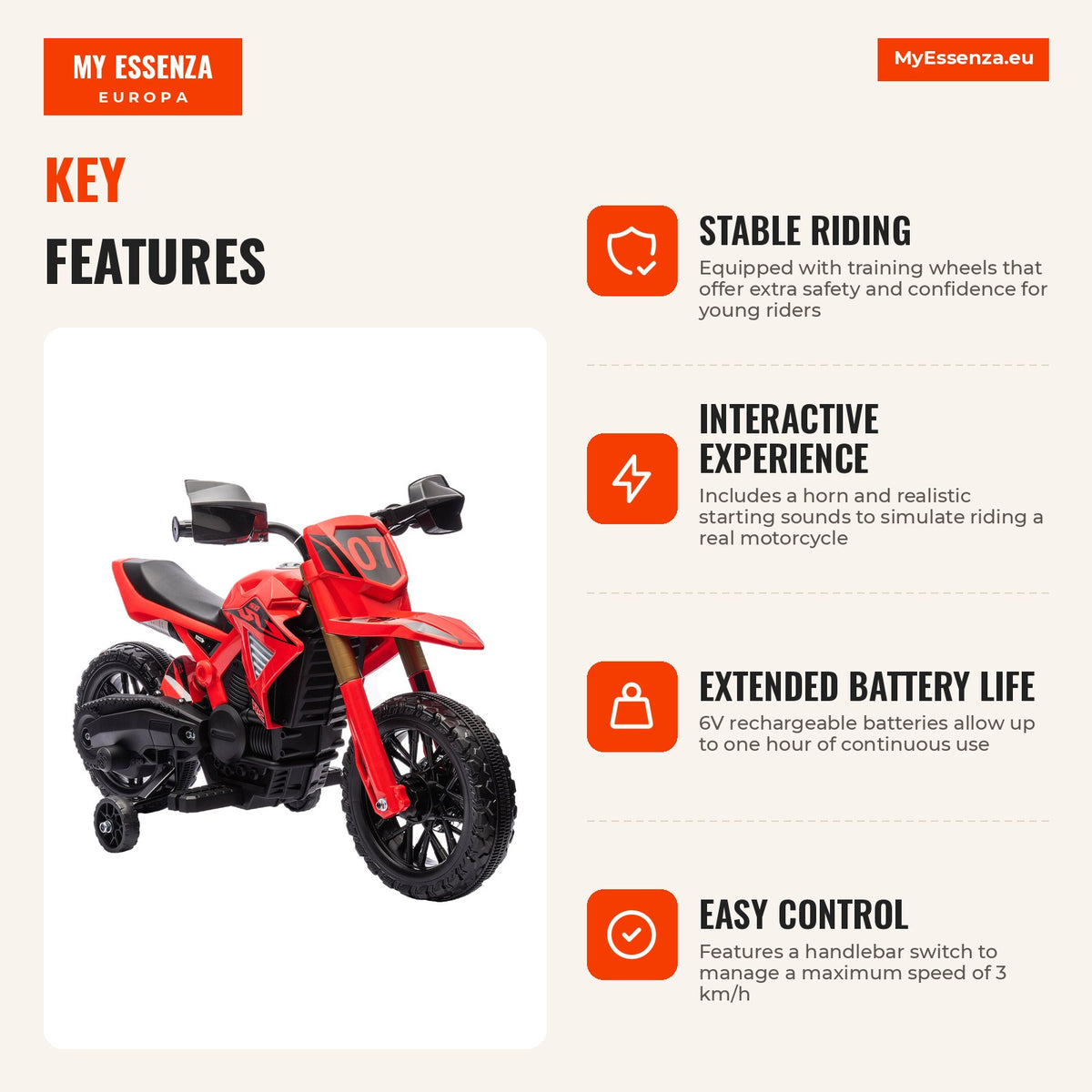 AIYPLAY Mota Elétrica para Crianças acima de 3 Anos Moto a Bateria para Crianças 6V com Rodas de Treino e Buzina Mota para Crianças Carga 30 kg 105x57 — Infografia | Infographic — dimensions
