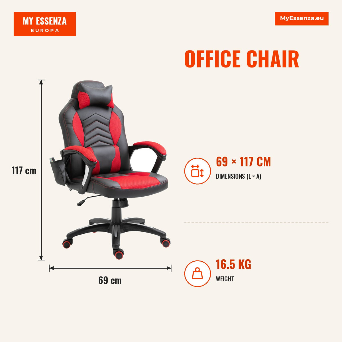 Cadeira de Escritório com 6 Pontos de Massagem e Aquecimento Cadeira Gaming Ergonómica com Altura Ajustável Apoio de Cabeça e Almofada Lombar 68x69x10 — Infografia | Infographic — dimensions
