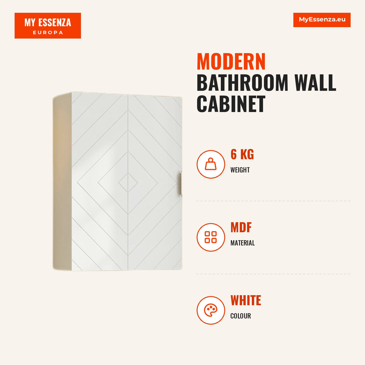 Armário Casa de Banho de Parede Moderno com 1 Puxador de Aço e Prateleiras Ajustáveis 40x15x60 cm Branco — Infografia | Infographic — dimensions