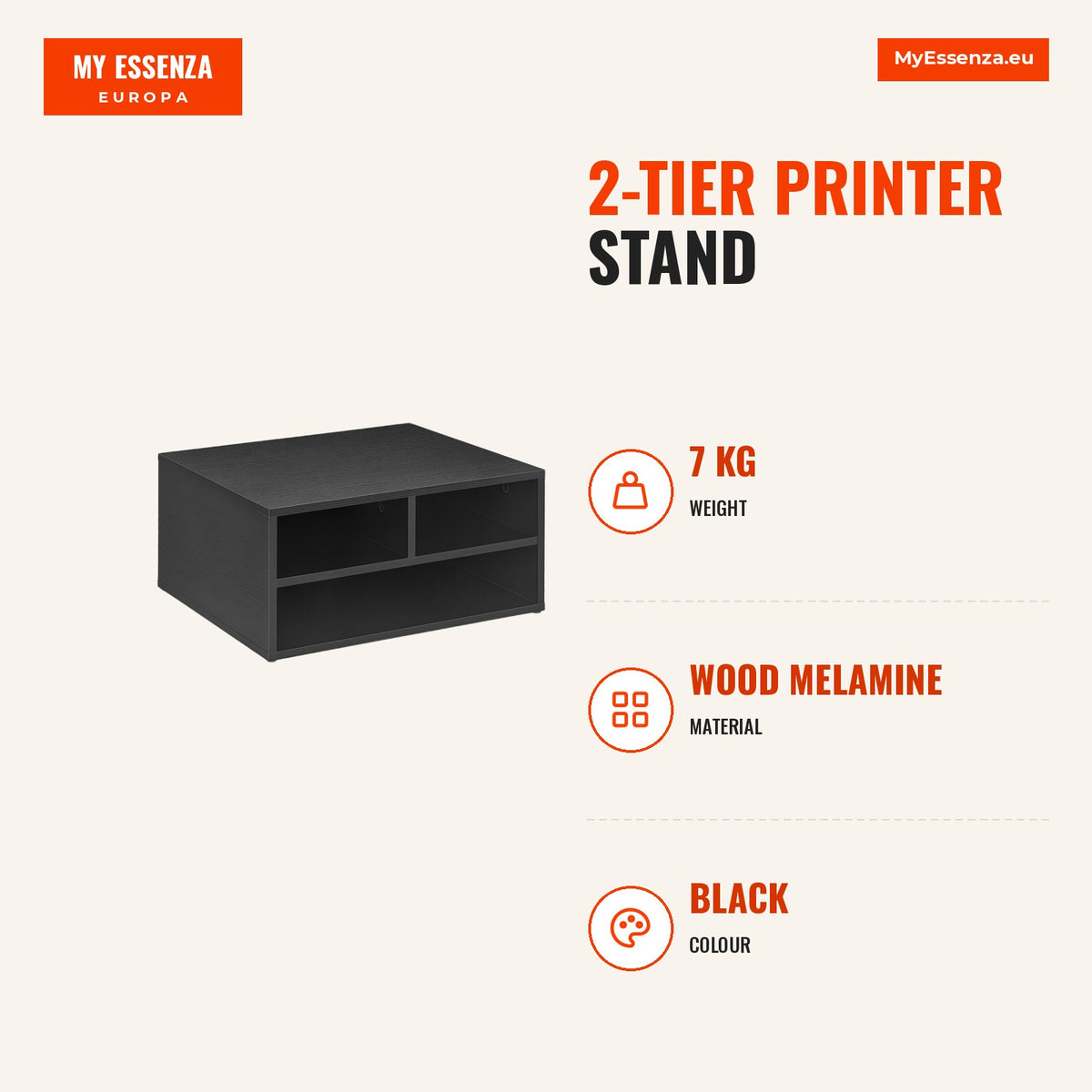 Móvel Auxiliar para Impressora de 2 Níveis Suporte de Impressora com 3 Compartimentos Estilo Moderno para Quarto Escritório Sala 47x40x22,5 cm Preto — Infografia | Infographic — dimensions