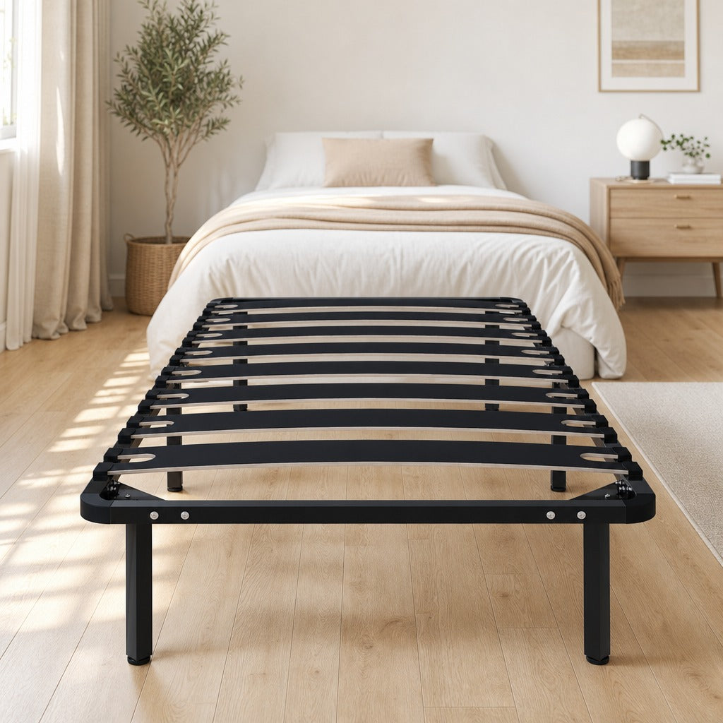 Estrutura de Cama 90x190 cm Altura 26 cm Plataforma de Aço com Espaço de Armazenamento em Madeira de Álamo Fácil de Montar Capacidade 300 kg Preto — Ambiente | Lifestyle