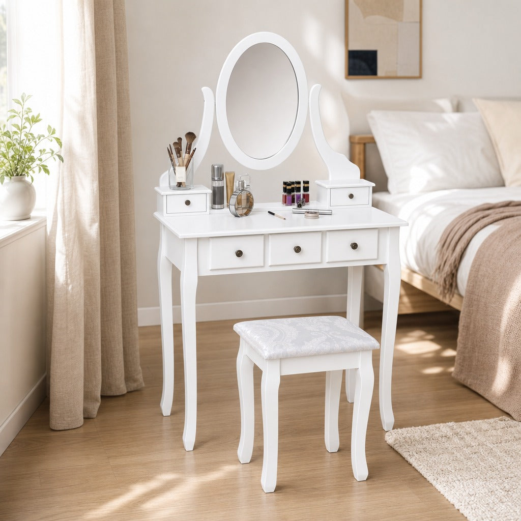 Toucador de Maquilhagem com Banco MDF e Madeira Maciça 80x40x140cm Branco — Ambiente | Lifestyle