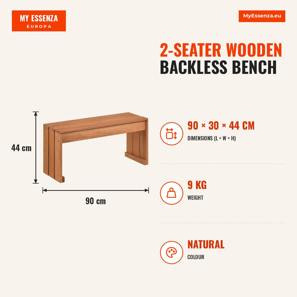 Banco de Madeira sem Encosto 2 Lugares 200 kg Multiusos para Exterior — Infografia | Infographic — dimensions