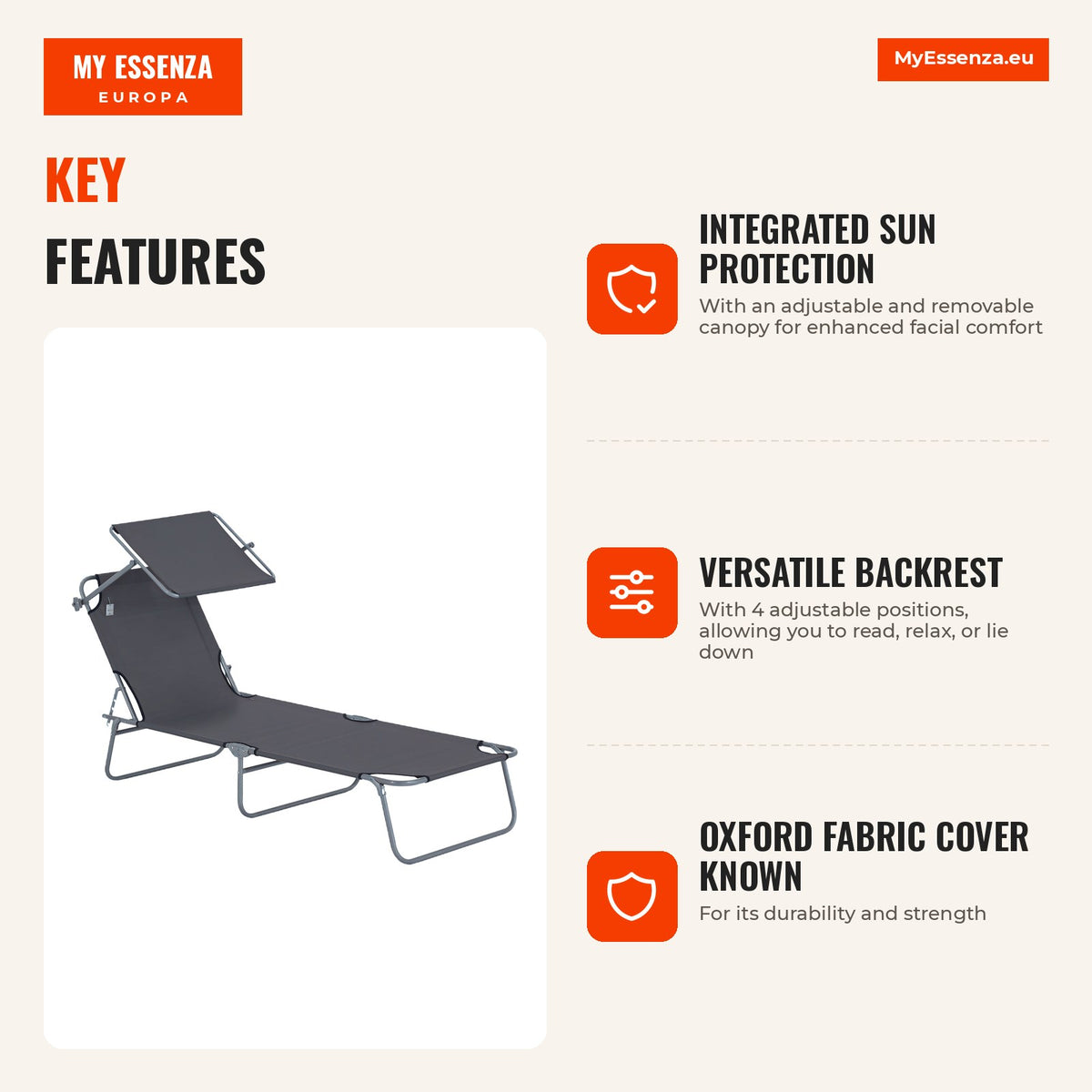 Essenza Espreguiçadeira de Jardim Dobrável com Toldo Removível Cinza 187x58x36cm — Infografia | Infographic — dimensions