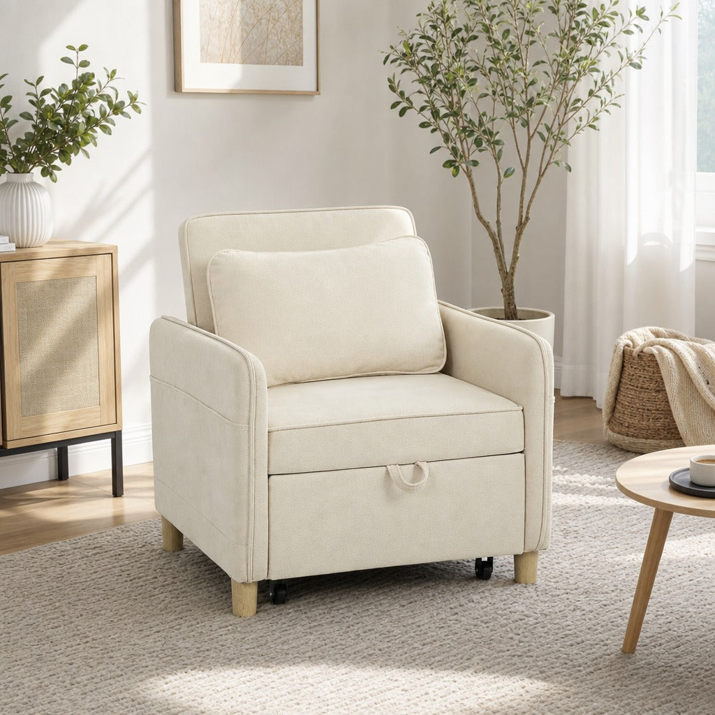 Poltrona Cama de 1 Lugar 3 em 1 Poltrona Cama Dobrável Estofado em Veludo Ecológico com Encosto Ajustável 3 Níveis 6 Bolsos Laterais e Almofada para Quarto Sala 74x85,5x82 cm Bege — Ambiente | Lifestyle