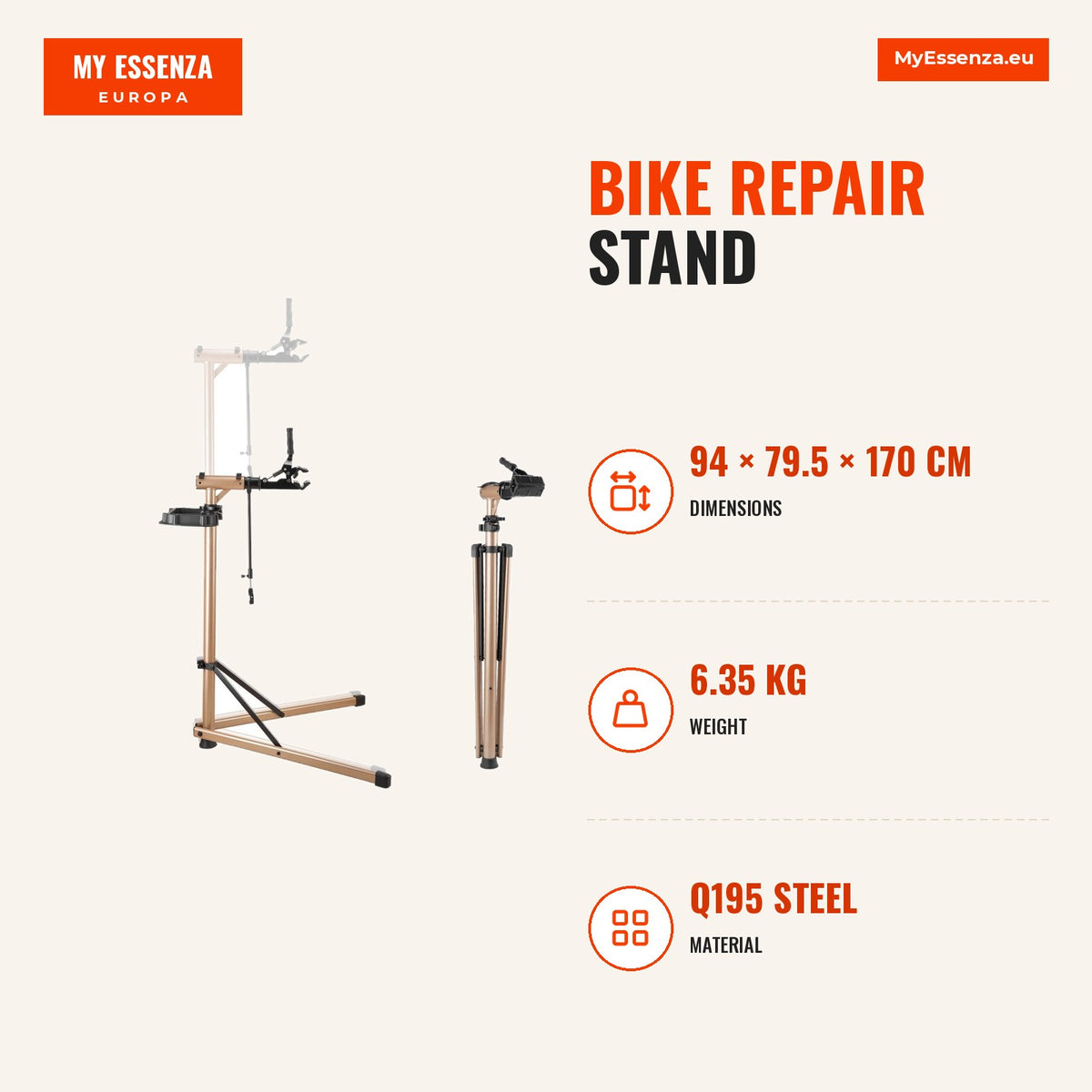 Suporte para reparação de bicicleta, capacidade 49,9 kg, altura ajustável, bandeja para ferramentas — Infografia | Infographic — dimensions