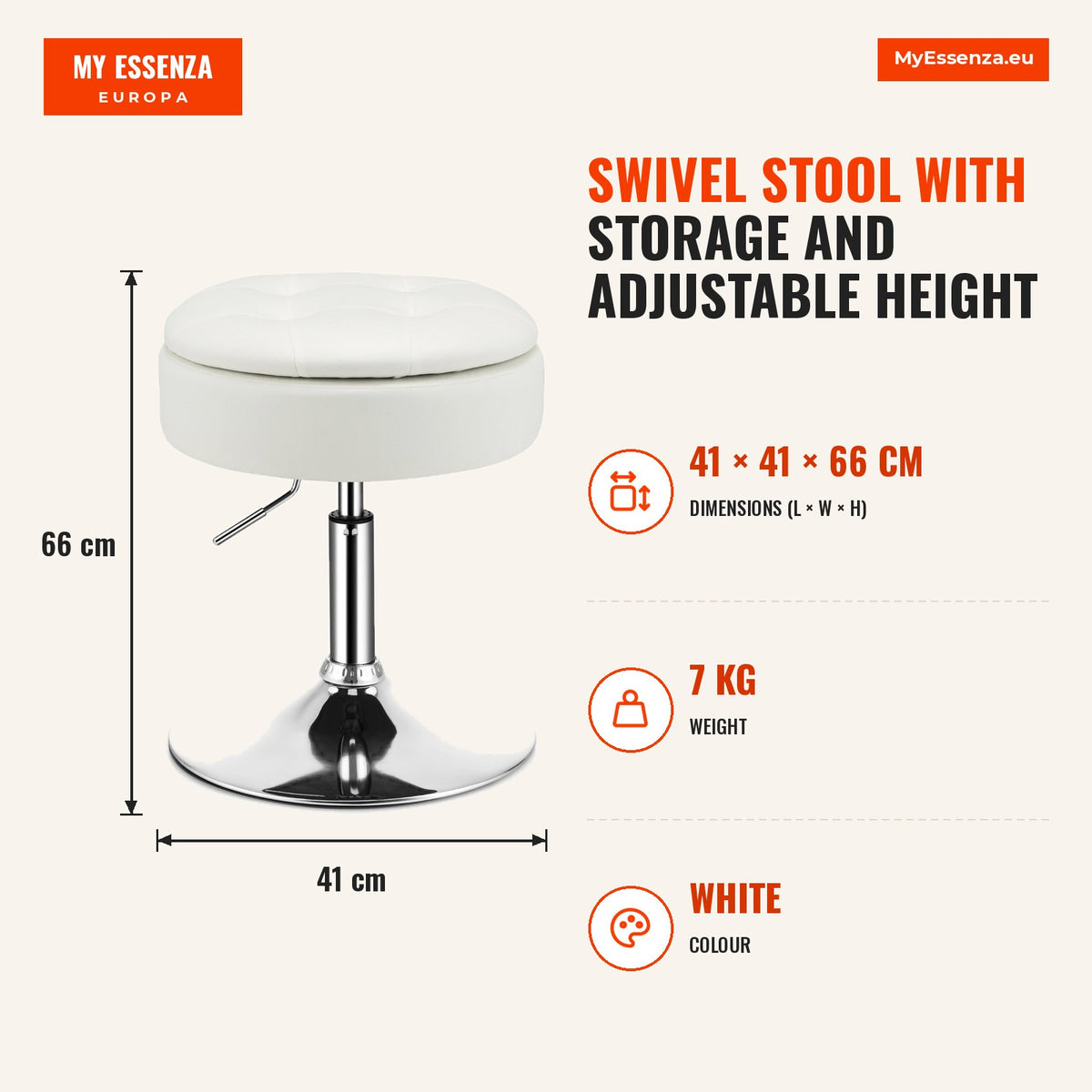 Banco giratório com armazenamento e altura ajustável para maquilhagem – Branco — Infografia | Infographic — dimensions