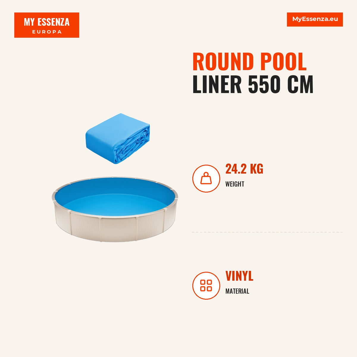 Forro para piscina redonda 550 cm, vinil durável, altura até 132 cm — Infografia | Infographic — dimensions