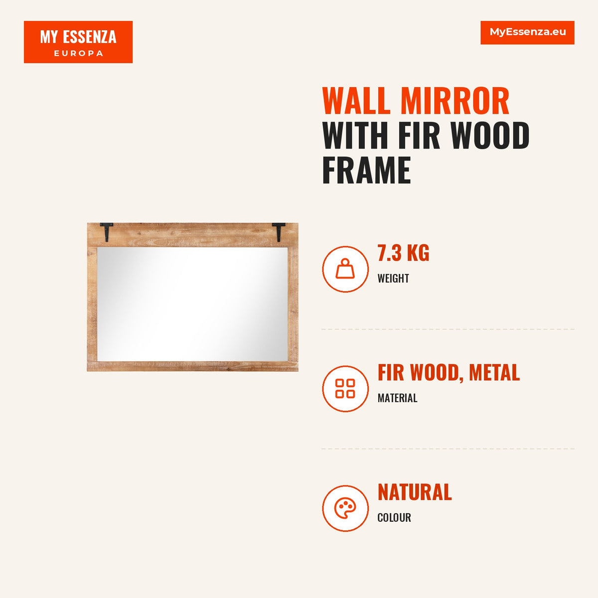 Espelho de Parede com Marco de Madeira Abeto 100x70cm Montagem Vertical e Horizontal — Infografia | Infographic — dimensions
