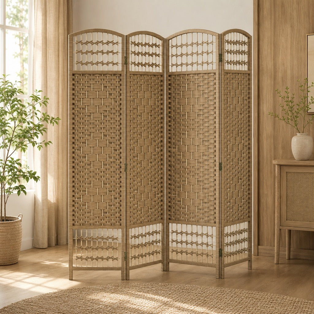 Biombo Dobrável de 4 Painéis, 160x170 cm, Separador de Ambientes em Corda de Papel, Estrutura de Madeira, Decoração para Quarto e Sala, Natural — Ambiente | Lifestyle