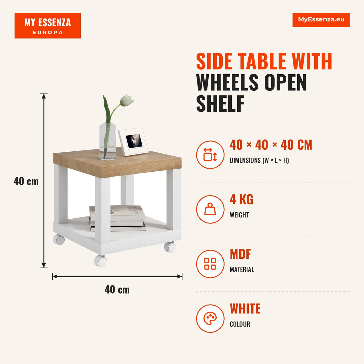 Mesa Auxiliar com Rodas Mesa Auxiliar com Prateleira Aberta para Sofá Dormitório 40x40x40 cm Branco e Madeira — Infografia | Infographic — dimensions