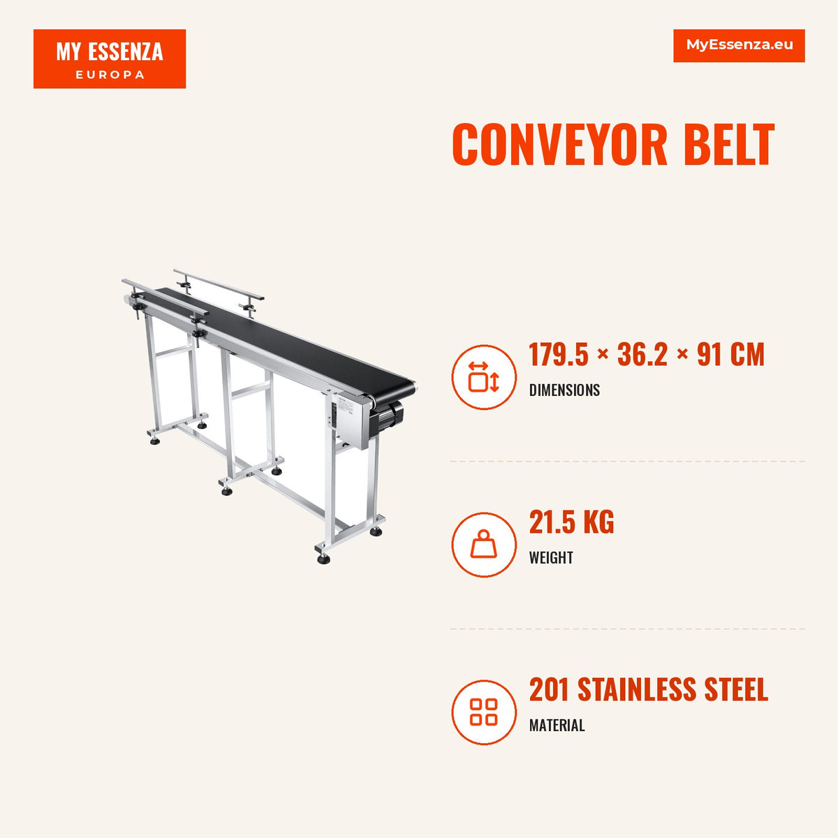 Transportador correia 180 x 20 cm aço inox motorizado PVC — Infografia | Infographic — dimensions