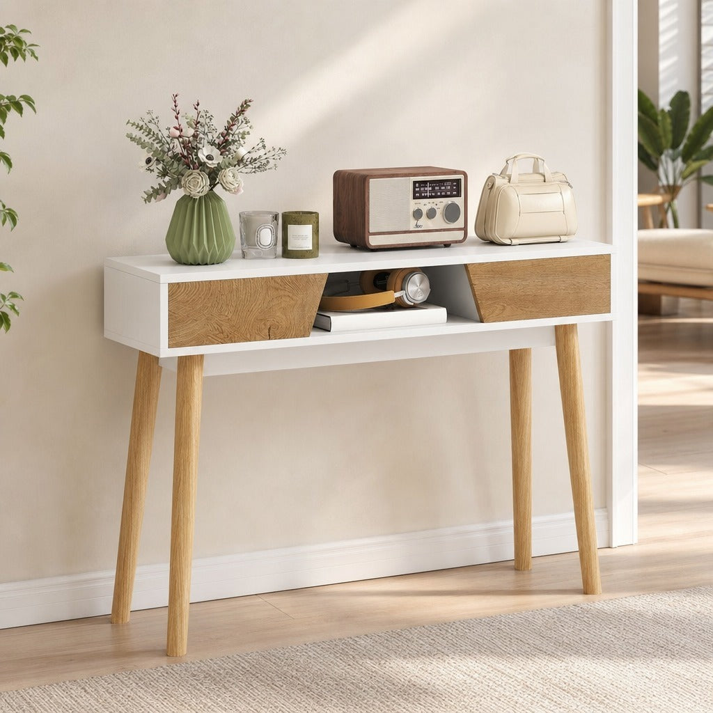 Mesa de Consola Estreita Consola de Entrada Mesa Consola Moderna com 2 Gavetas Compartimento e Pés de Madeira para Corredor Entrada Sala de Estar Dormitório 100x30x75 cm Branco — Ambiente | Lifestyle