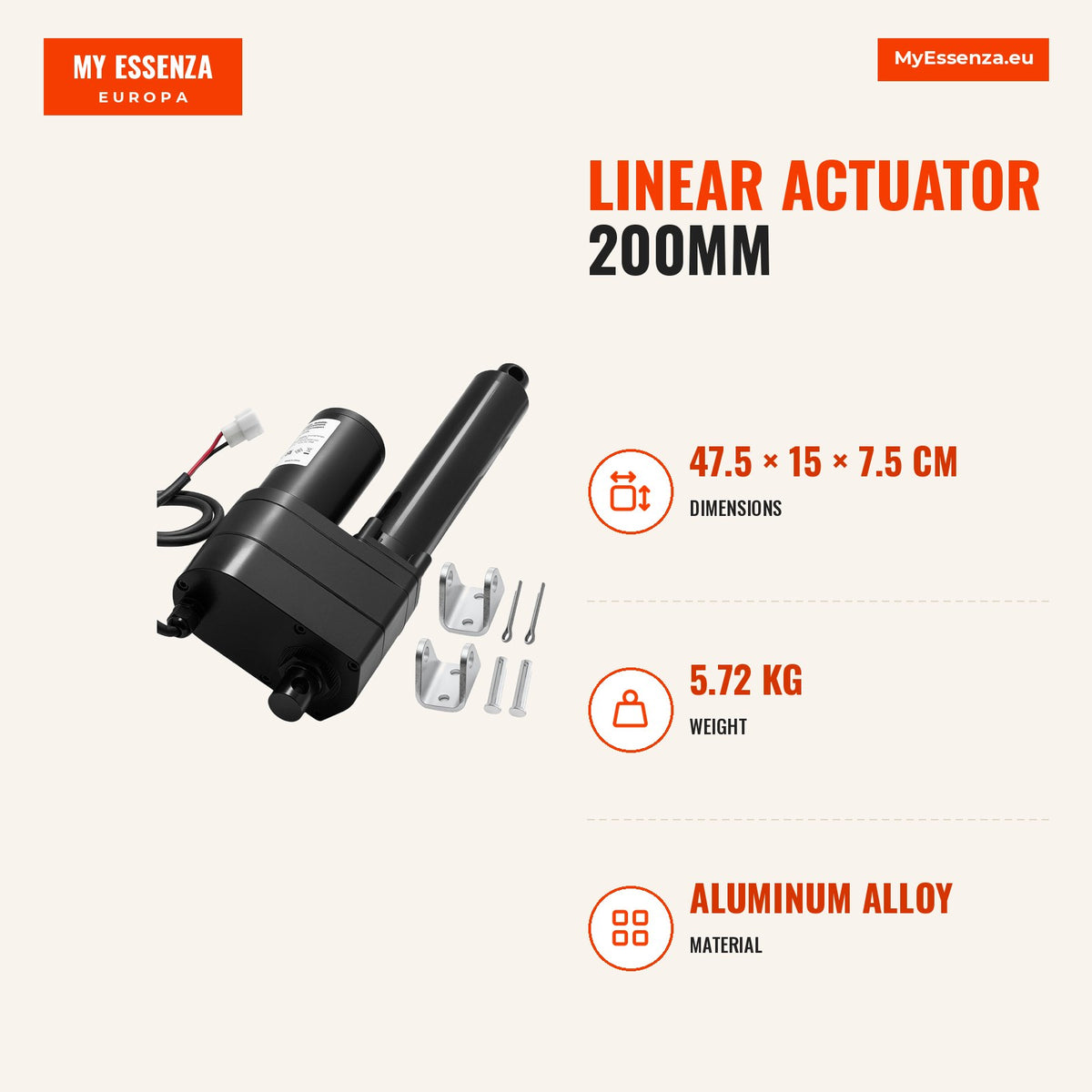 Actuador linear 200mm, 9000N, 12V IP65 5mm/s — Infografia | Infographic — dimensions