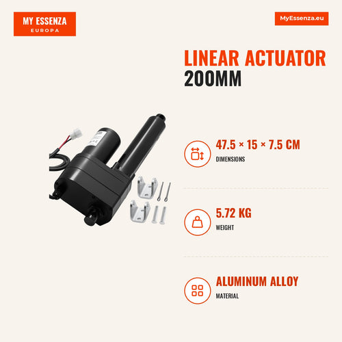 Actuador linear 200mm, 9000N, 12V IP65 5mm/s — Infografia | Infographic — dimensions
