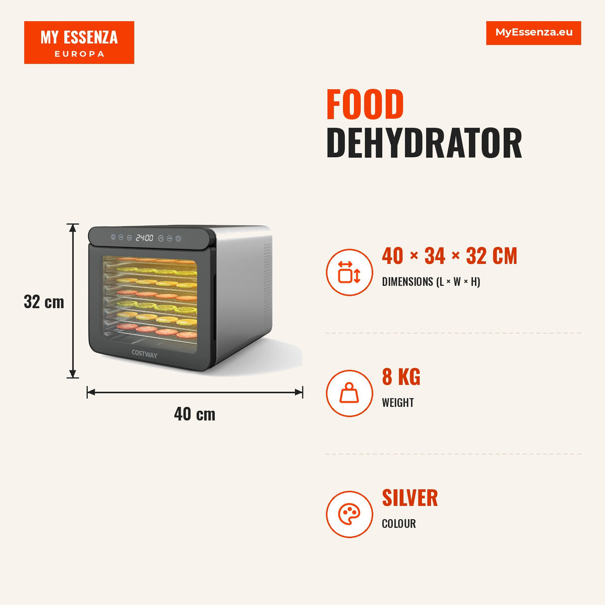 Desidratador de Alimentos com 7 Tabuleiros em Aço Inoxidável e Temperatura Ajustável 30℃-75℃ — Infografia | Infographic — dimensions