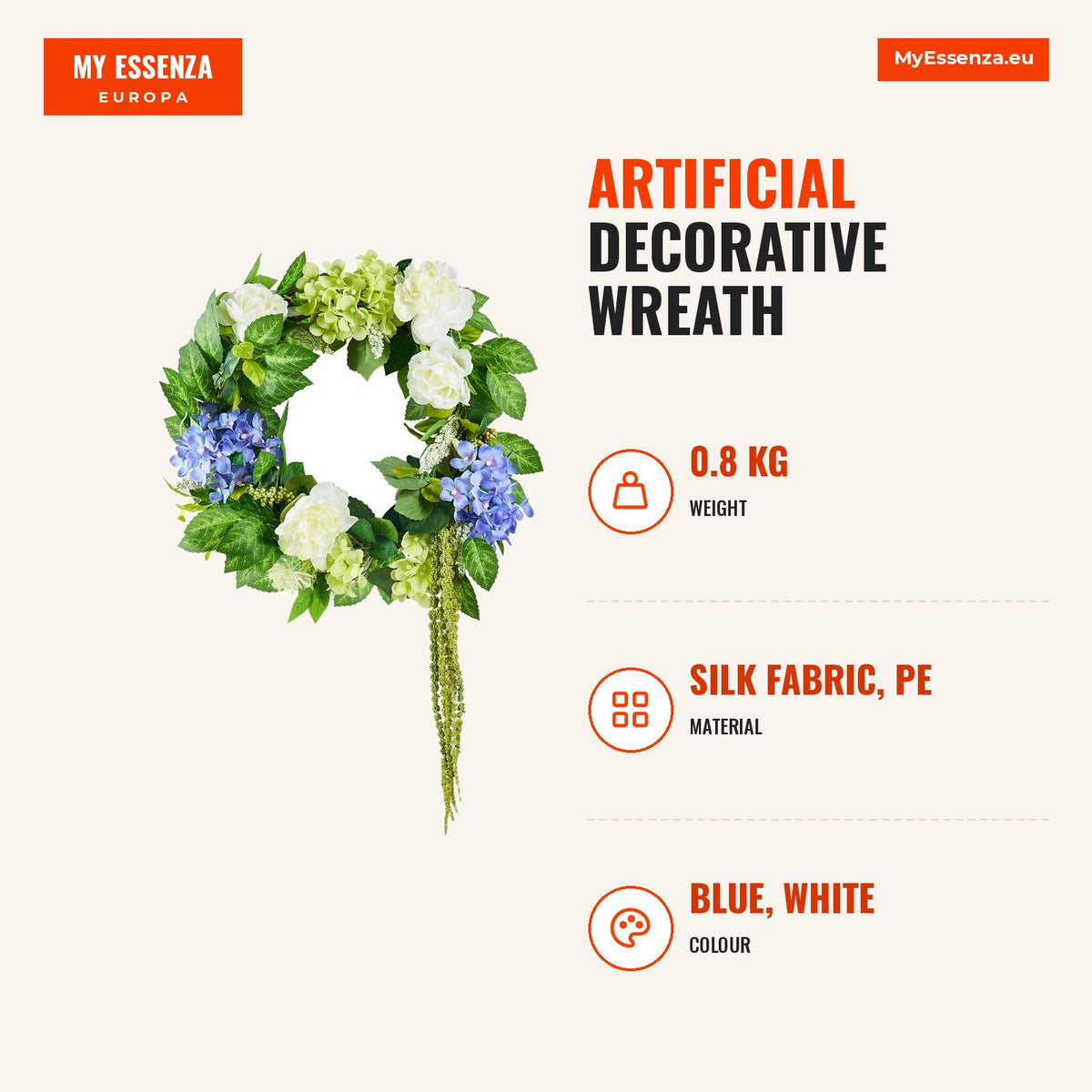 Coroa decorativa artificial 58 cm azul branco verde, hortênsias e rosas — Infografia | Infographic — dimensions