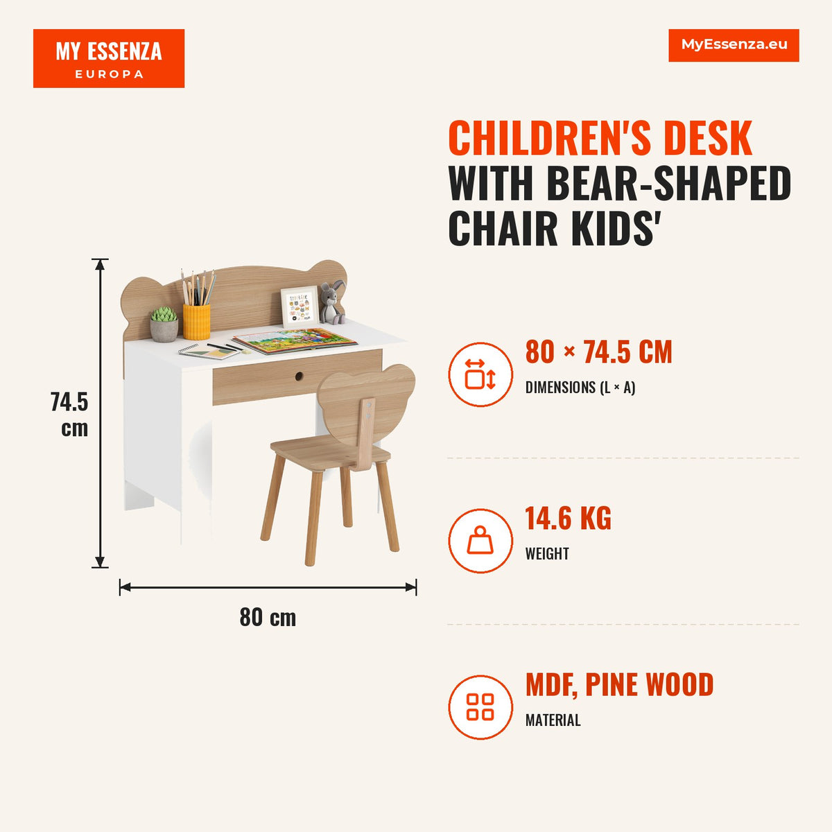 Secretária para Crianças com Cadeira em Forma de Ursinho Secretária Infantil com Gaveta para Estudar Ler e Desenhar Mesa para Crianças para Dormitório — Infografia | Infographic — dimensions