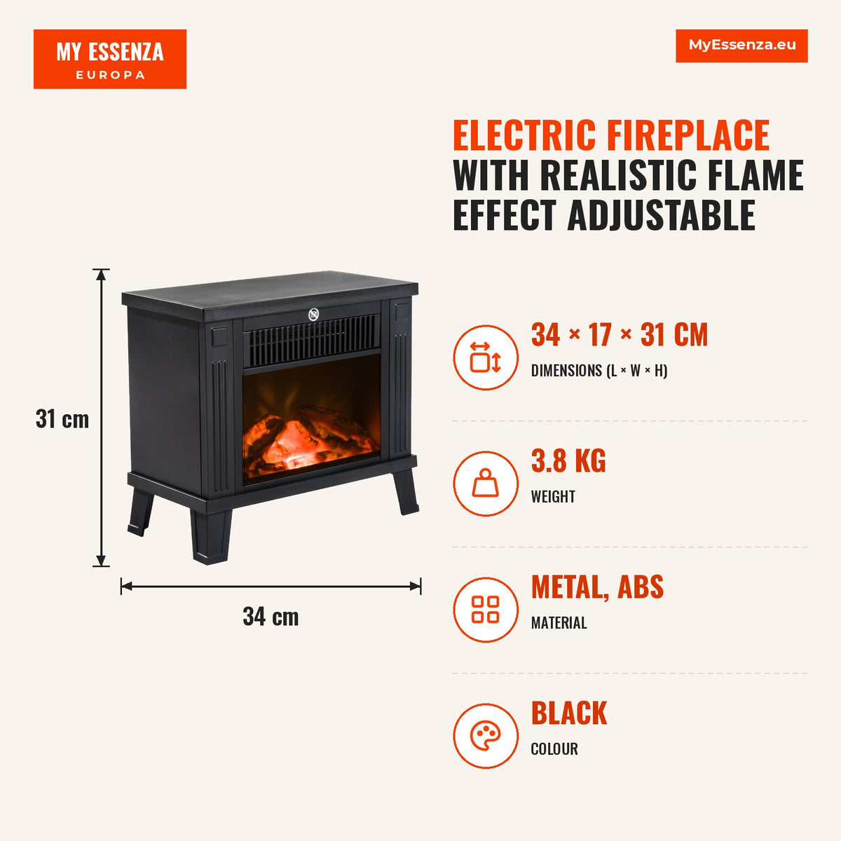 Lareira Elétrica com Efeito de Chama Realista Potência Ajustável 600W/1200W para Ambientes entre 13-18㎡ 34x17x31cm Preto — Infografia | Infographic — dimensions