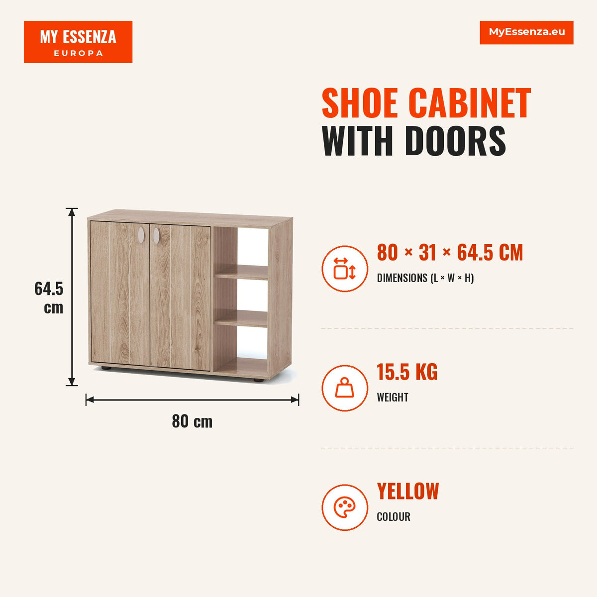 Sapateira com Portas 3 Níveis Estantes Ajustáveis Organizador Madeira Amarelo — Infografia | Infographic — dimensions